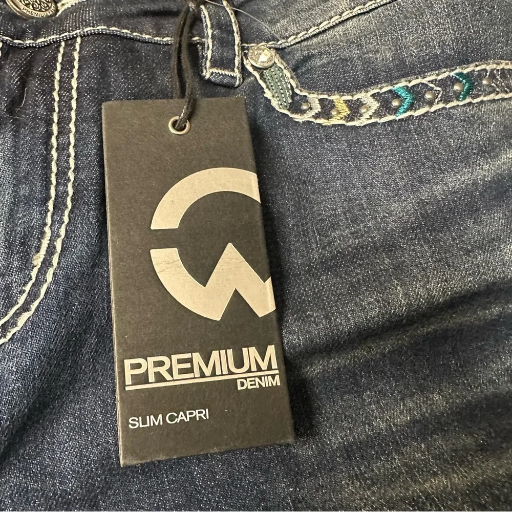 Warehouse Premium Denim Dark Blue Slim Embellished Denim Capris 14 - Picture 10 of 10